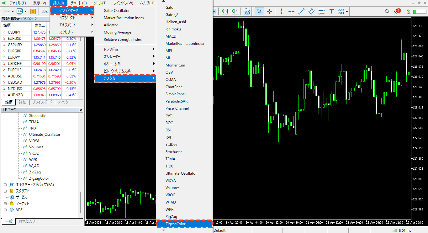 MT5のメニューの「挿入」から「インディケータ」を選択し、「カスタム」内の「ZigZagColor」をクリック