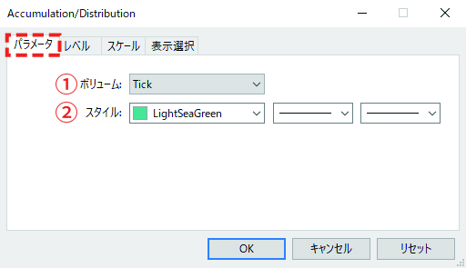 設定画面の「パラメータ」タブで表示するA/Dの設定を行い、「OK」をクリック