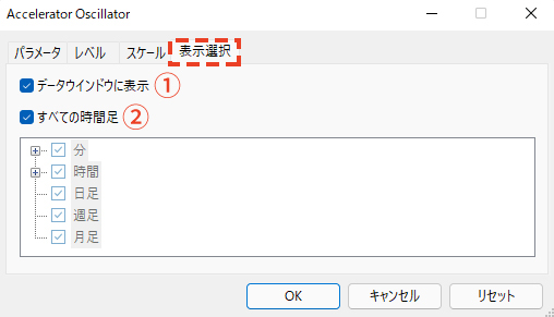 「表示選択」タブでは、データウィンドウ内にACオシレーターの値を表示させるかどうか、ACオシレーターを全ての時間足に表示させるかどうかを選択できます