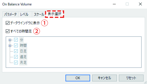 「表示選択」タブでは、データウィンドウ内にOBVの値を表示させるかどうか、OBVを全ての時間足に表示させるかどうかを選択できます