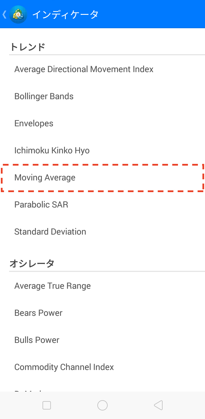 続いて、表示されるリストの「トレンド」の中から「Moving Average」を選択します