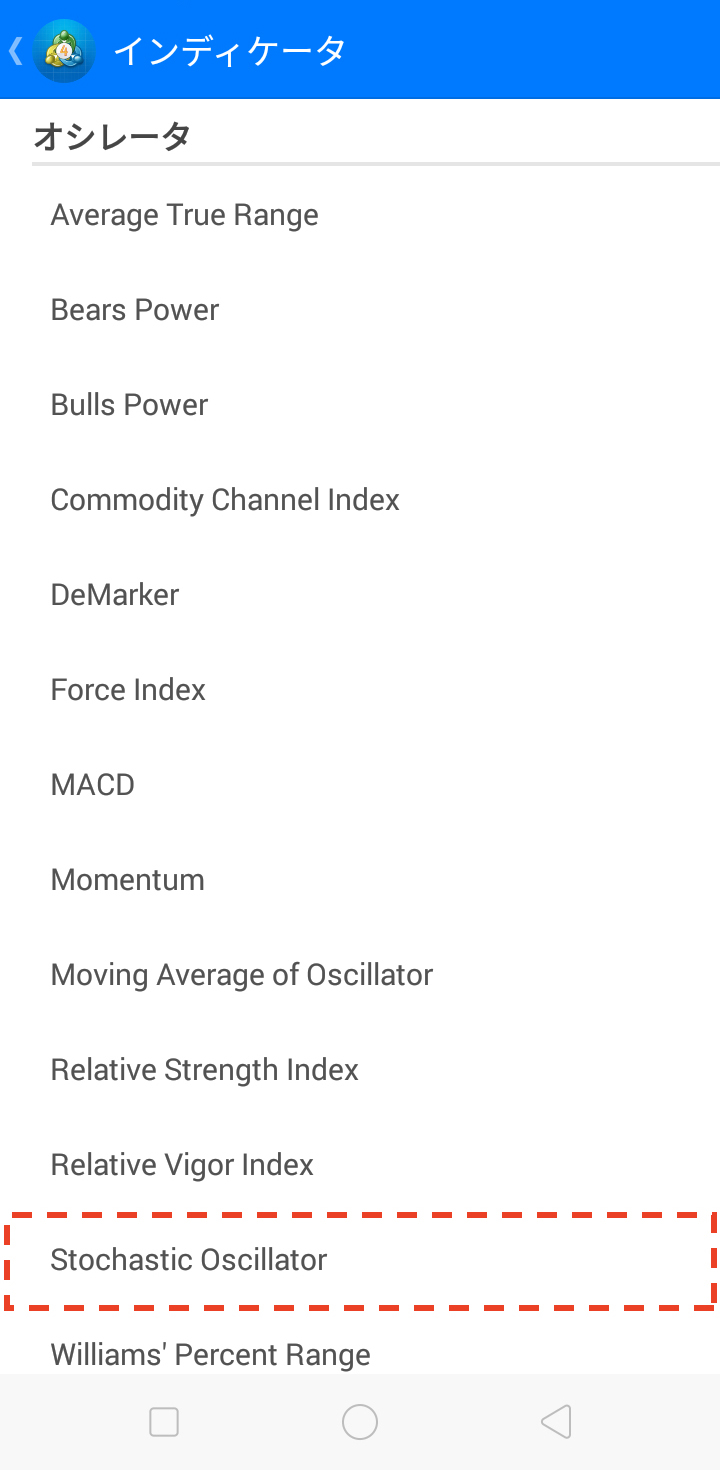 続いて、表示されるリストの「オシレータ」の中から「Stochastic Oscillator」を選択します