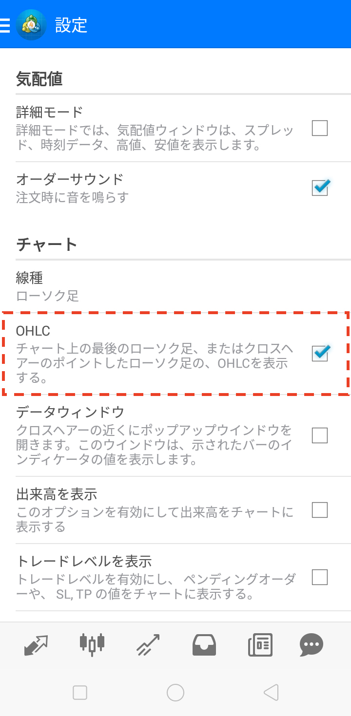 設定画面に遷移したら、「チャート」の項目にある「OHLC」をタップしてチェックボックスをON