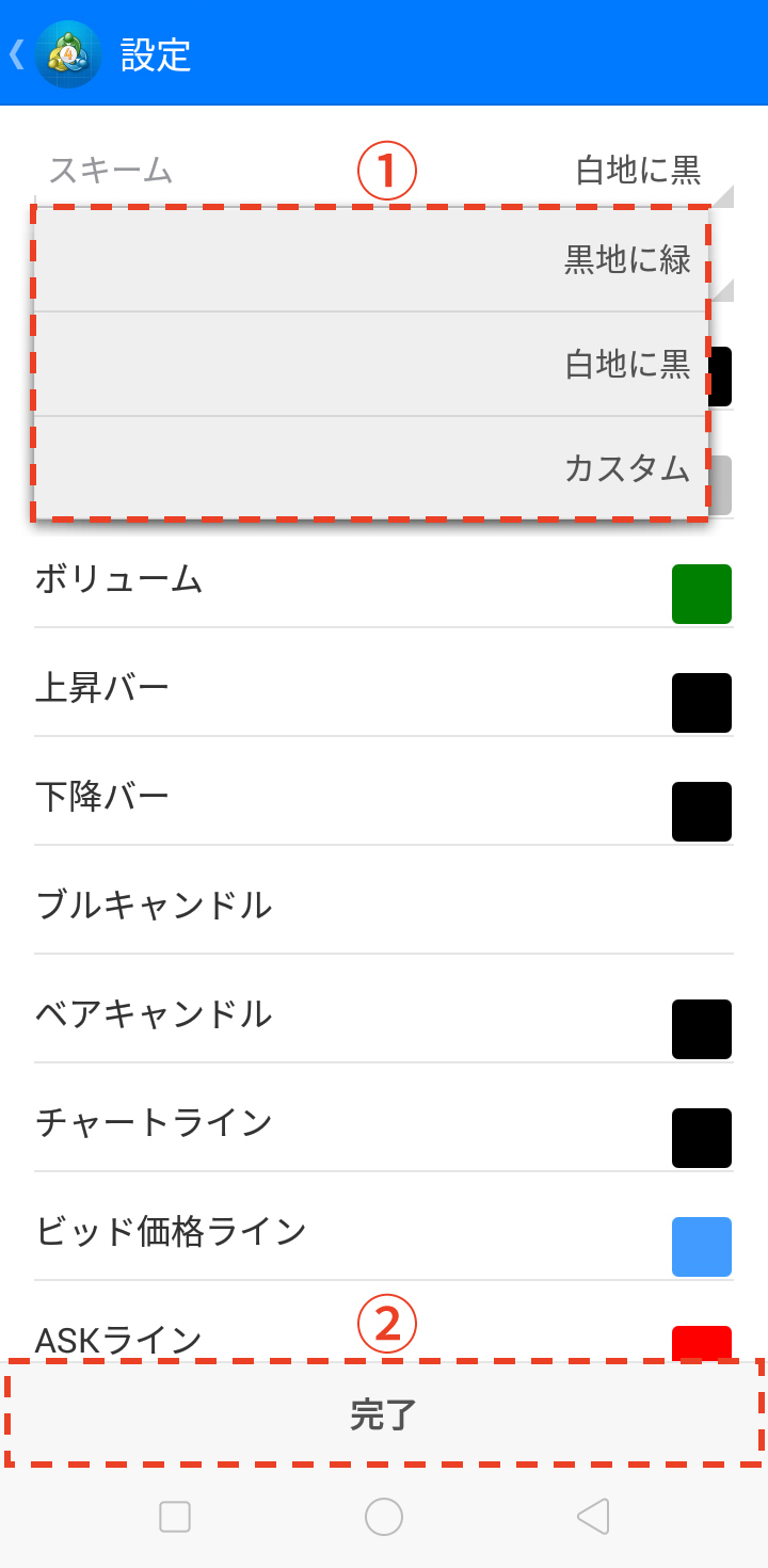 スキームで用意されているのは、「黒地に緑」「白地に黒」「カスタム」の3パターンです。スキームの画面で好みの配色パターンを選択したあと、「完了」をタップ