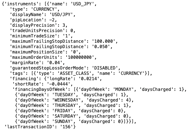 特定の通貨のみの情報を取得する場合には、paramsでinstrumentsを指定