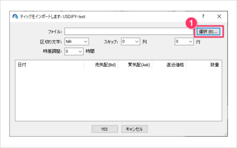 「ティックをインポートします」ダイアログが表示されるので、「1. 選択」を押して、ダウンロードしたZIPアーカイブの中にあるCSVファイルを選択