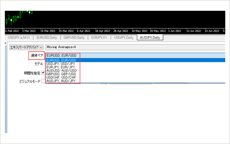 通貨ペアでは、バックテストを行う通貨ペアを選択