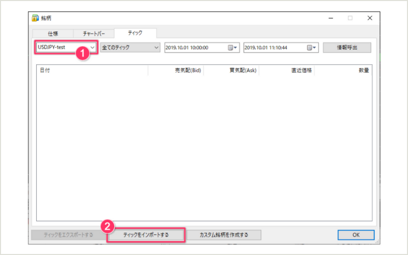 右上の「1. 選択ボックス」で、先ほど作成したカスタム銘柄を選択し「2. ティックをインポートする」ボタンをクリック