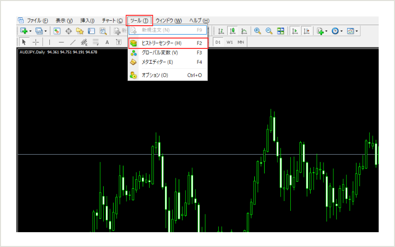 チャート上部にある「ツール」を選択