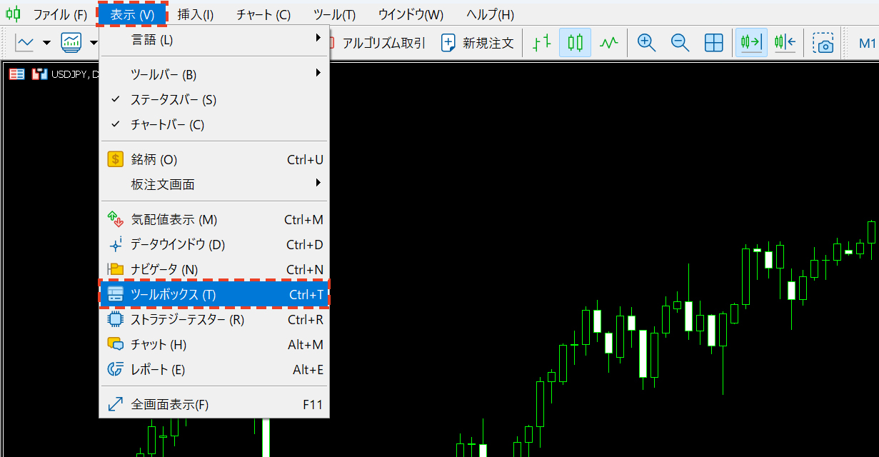 MT5の上部メニューにある「表示」から「ツールボックス」を選択