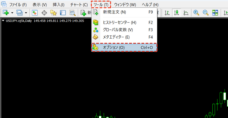 MT4の上部メニューにある「ツール」から「オプション」をクリック