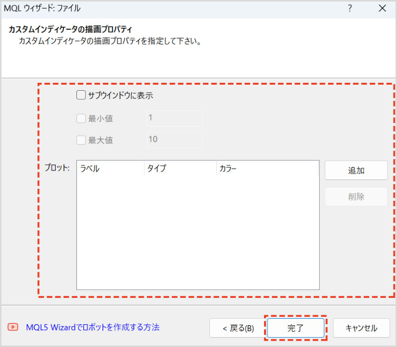 「カスタムインディケータの描画プロパティ」画面が表示