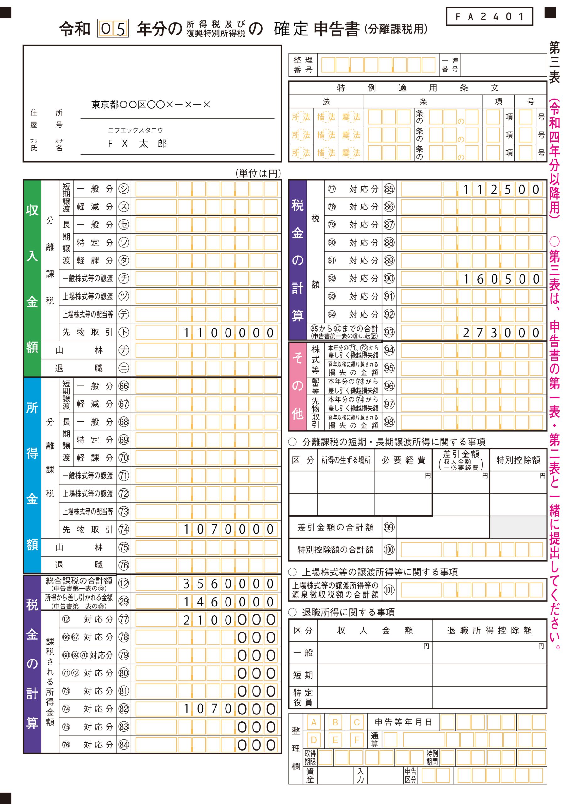 確定申告書 第三表