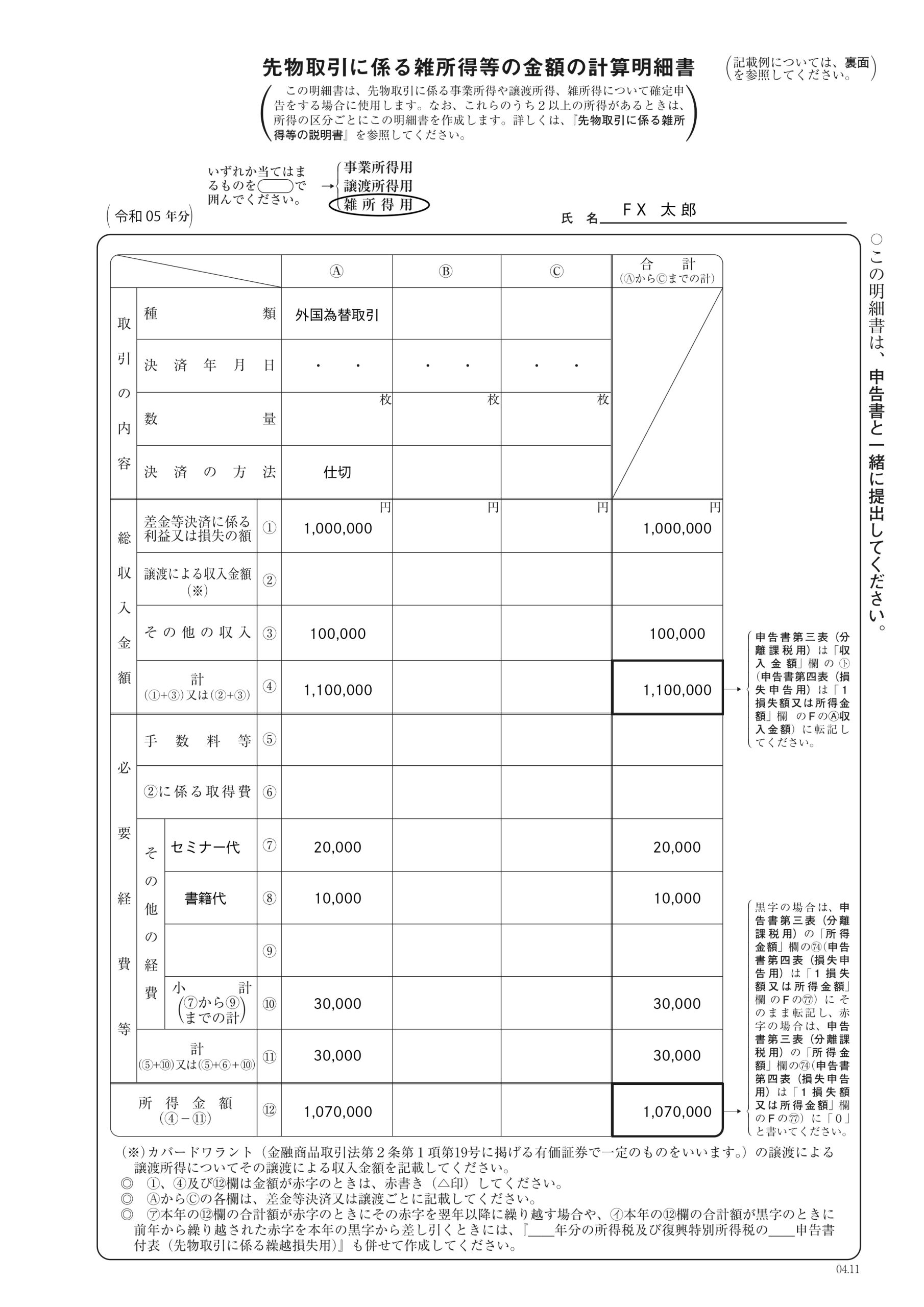 先物取引に係る雑所得等の金額の計算明細書