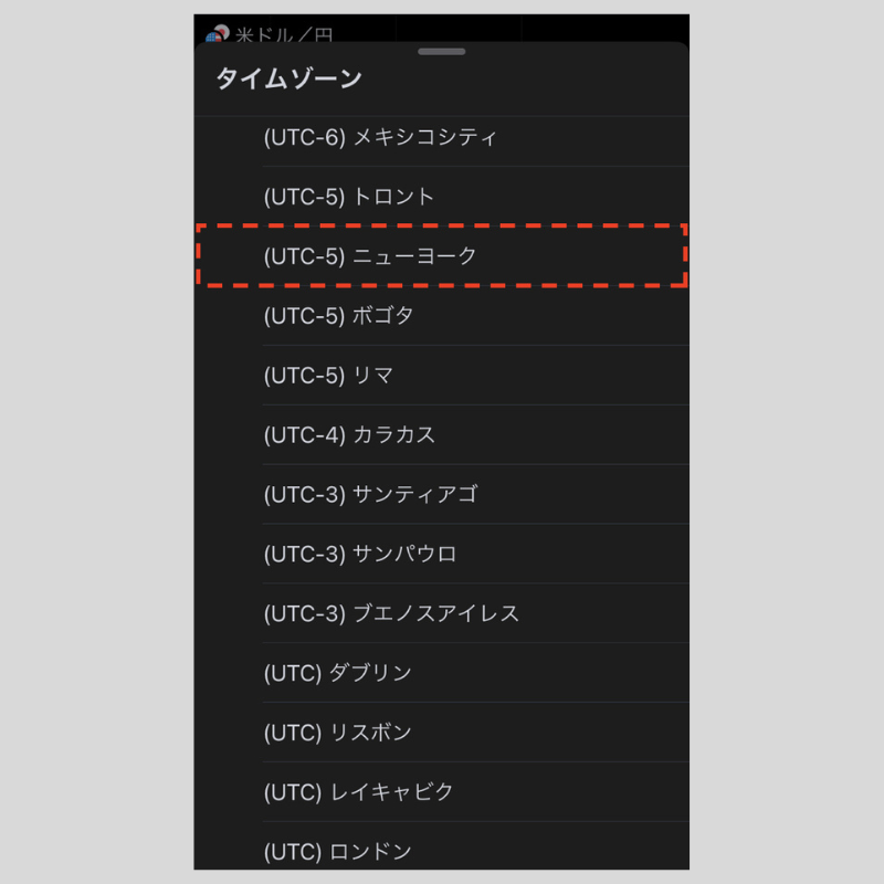 「（UTC-5）ニューヨーク」をタップ（iPhone）
