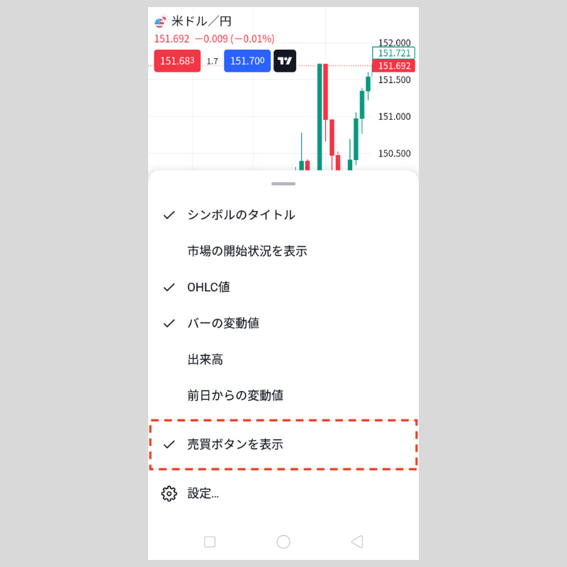 「売買ボタンを表示」にチェックを入れると表示（android版TradingView）