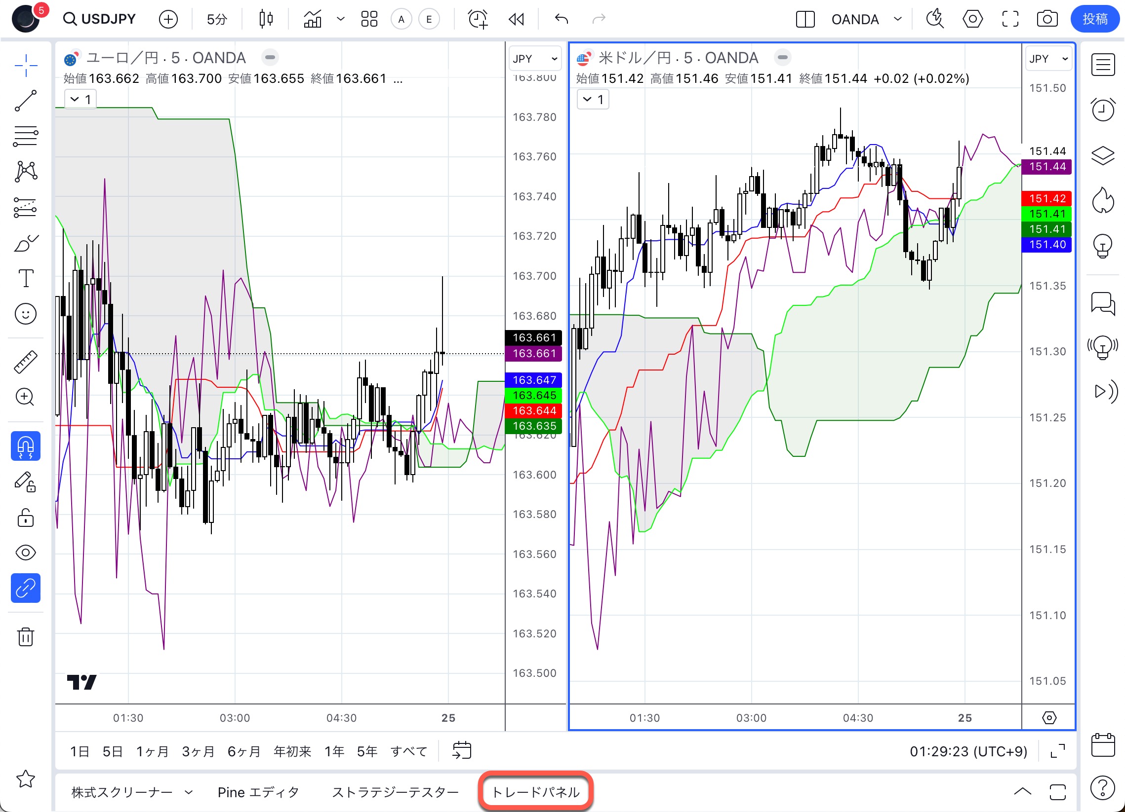チャート画面の下の部分の「トレードパネル」の部分をクリック