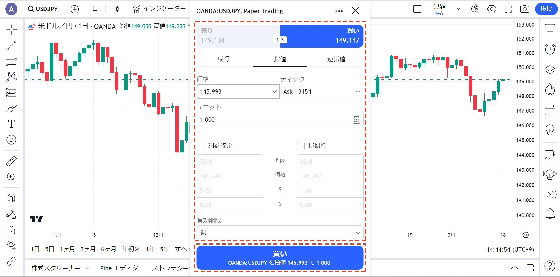 「成行」「指値」「逆指値」の注文が利用(TradingView)