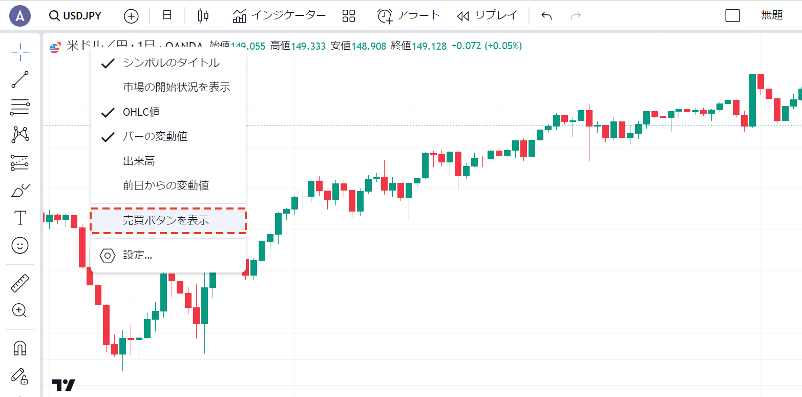 「売買ボタンを表示」にチェック(TradingView)