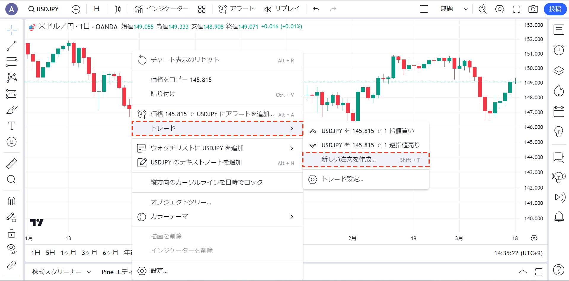 「トレード」→「新しい注文を作成」を選択(TradingView)