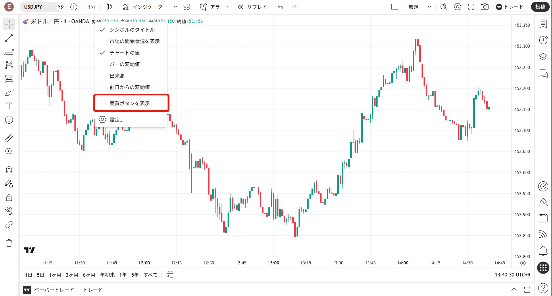 デモトレードの発注方法_「売買ボタンを表示」にチェック(TradingView)