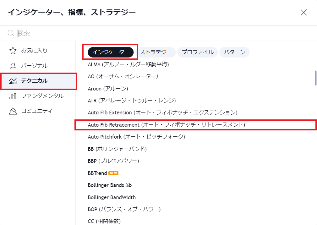 ★image4_「テクニカル」→「インジケーター」から「Auto Fib Retracement（オート・フィボナッチ・リトレースメント）」をクリック
