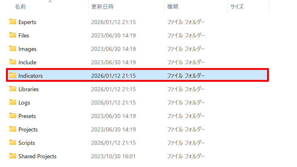 20260126_手順③「MQL4」フォルダ内の「Indicators」をダブルクリック