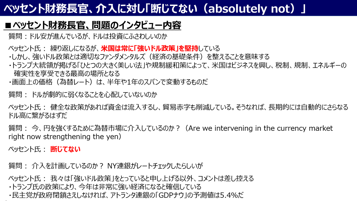 参考資料：ベッセント財務長官の介入否定に関するインタビュー内容