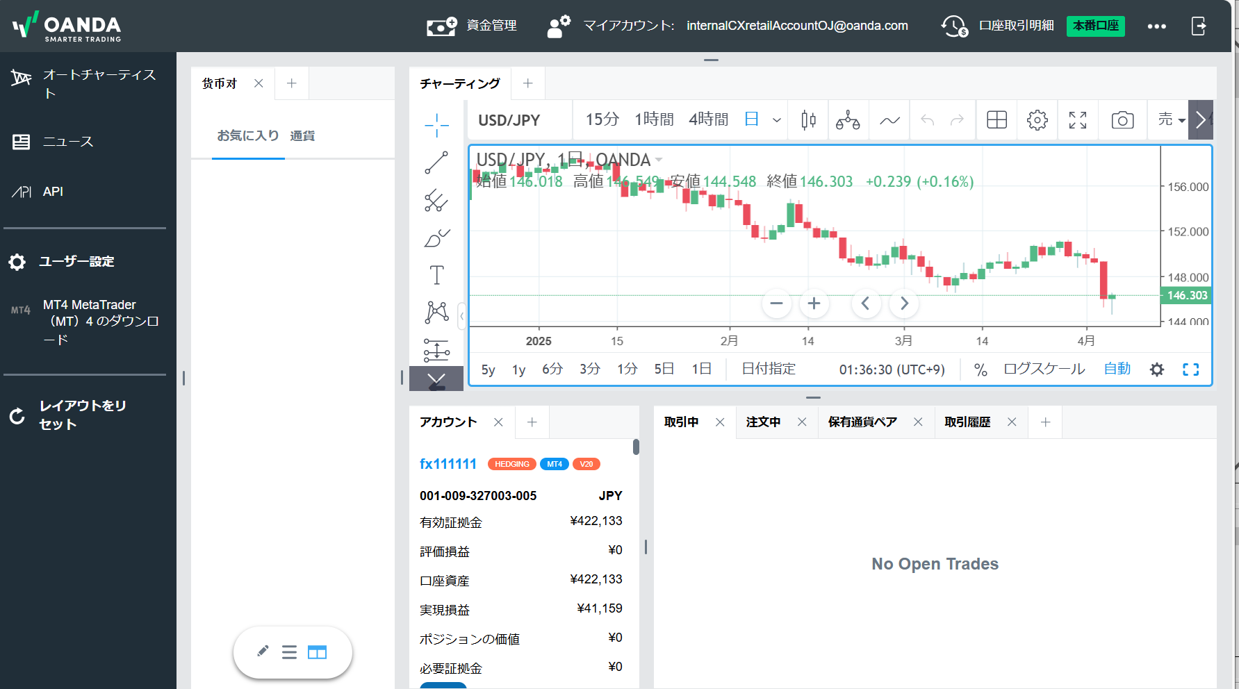 fxTrade Web版の取引画面