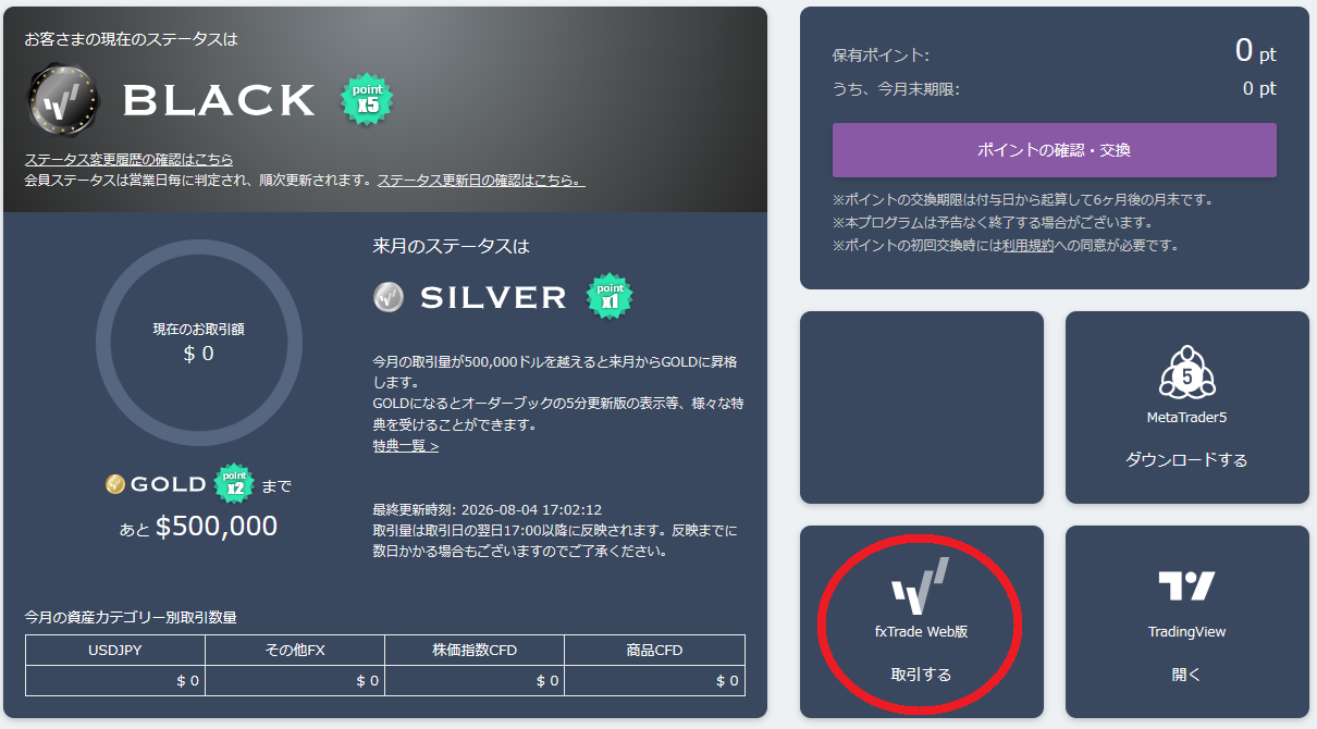 マイページ右手のfxTrade起動ボタン