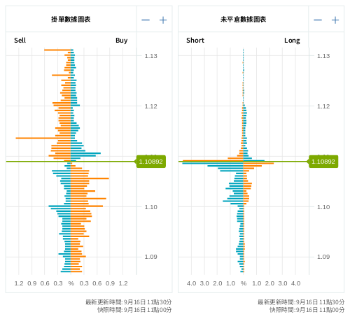 掛單/未平倉部位數據圖表 歐元/美元