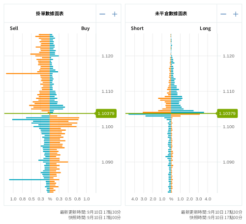 掛單/未平倉部位數據圖表 歐元/美元