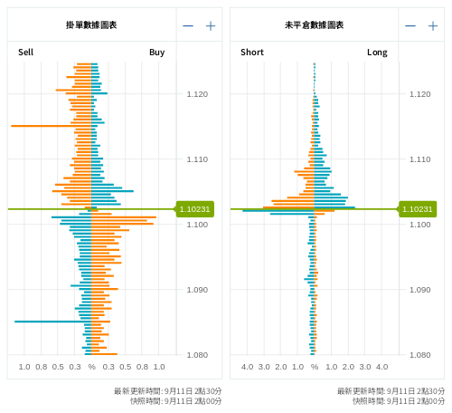 掛單/未平倉部位數據圖表 歐元/美元