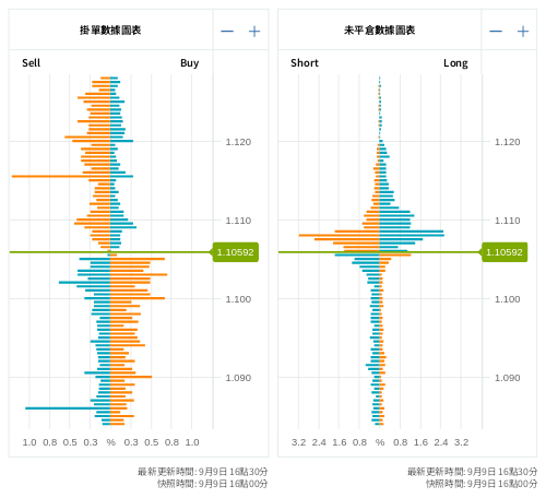 掛單/未平倉部位數據圖表 歐元/美元