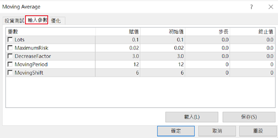 MA輸入參數