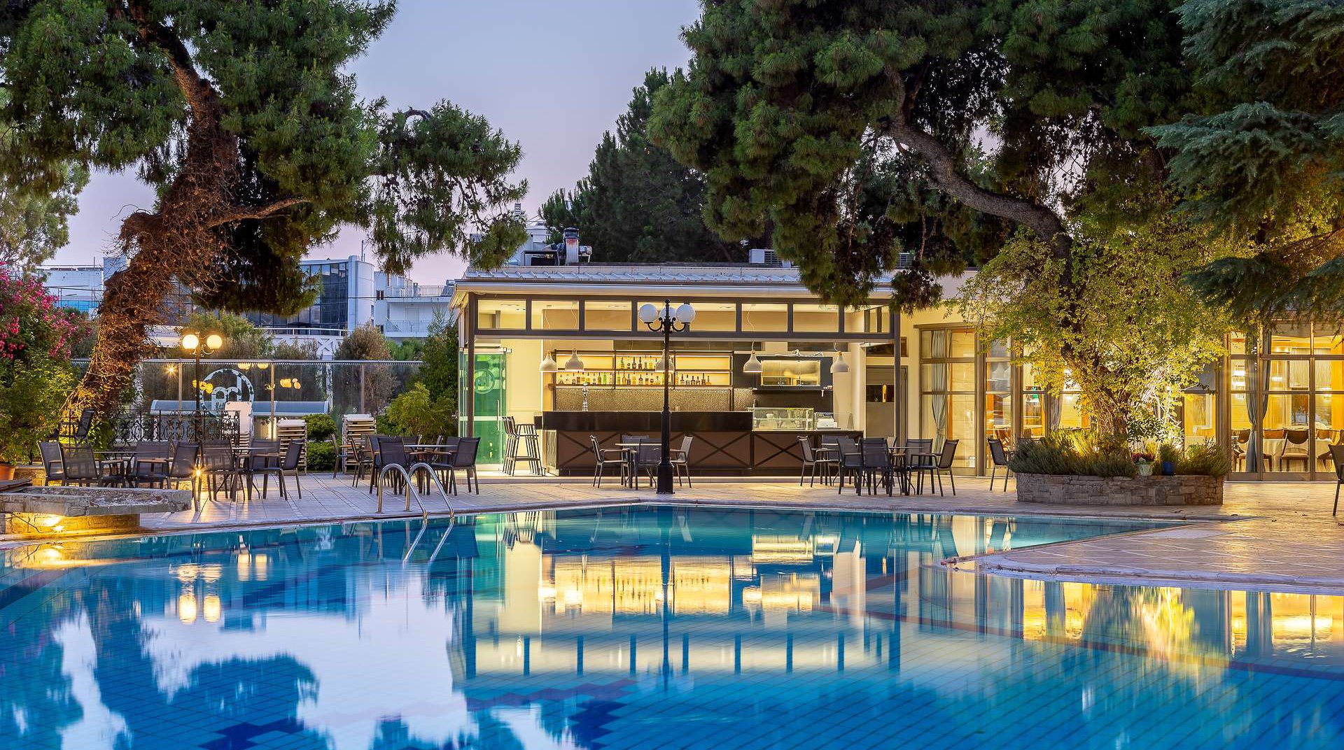 Our pool bar during night time with the pool