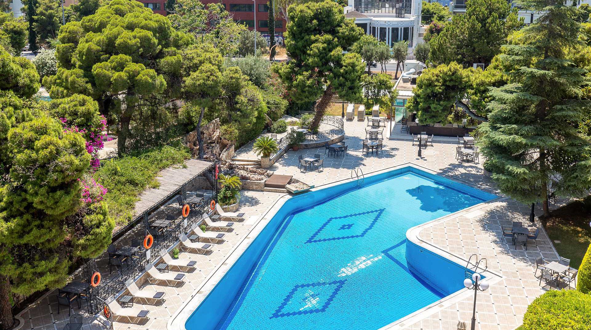 The back side of our hotel from the air  with our pool and chairs