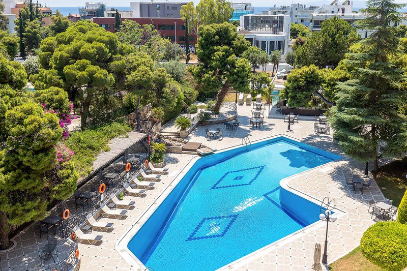 The back side of our hotel from the air  with our pool and chairs