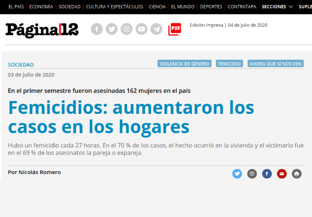 Portal de pagina 12 con el título de la nota