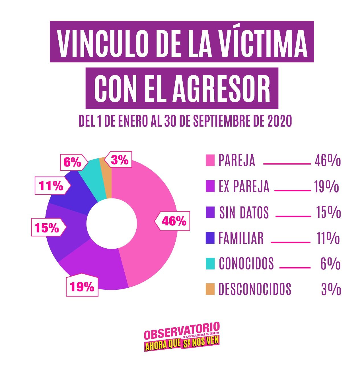 Vinculo con el agresor: 46% pareja, 19% ex pareja, 11% familiar, 6% conocidos y 18% otros