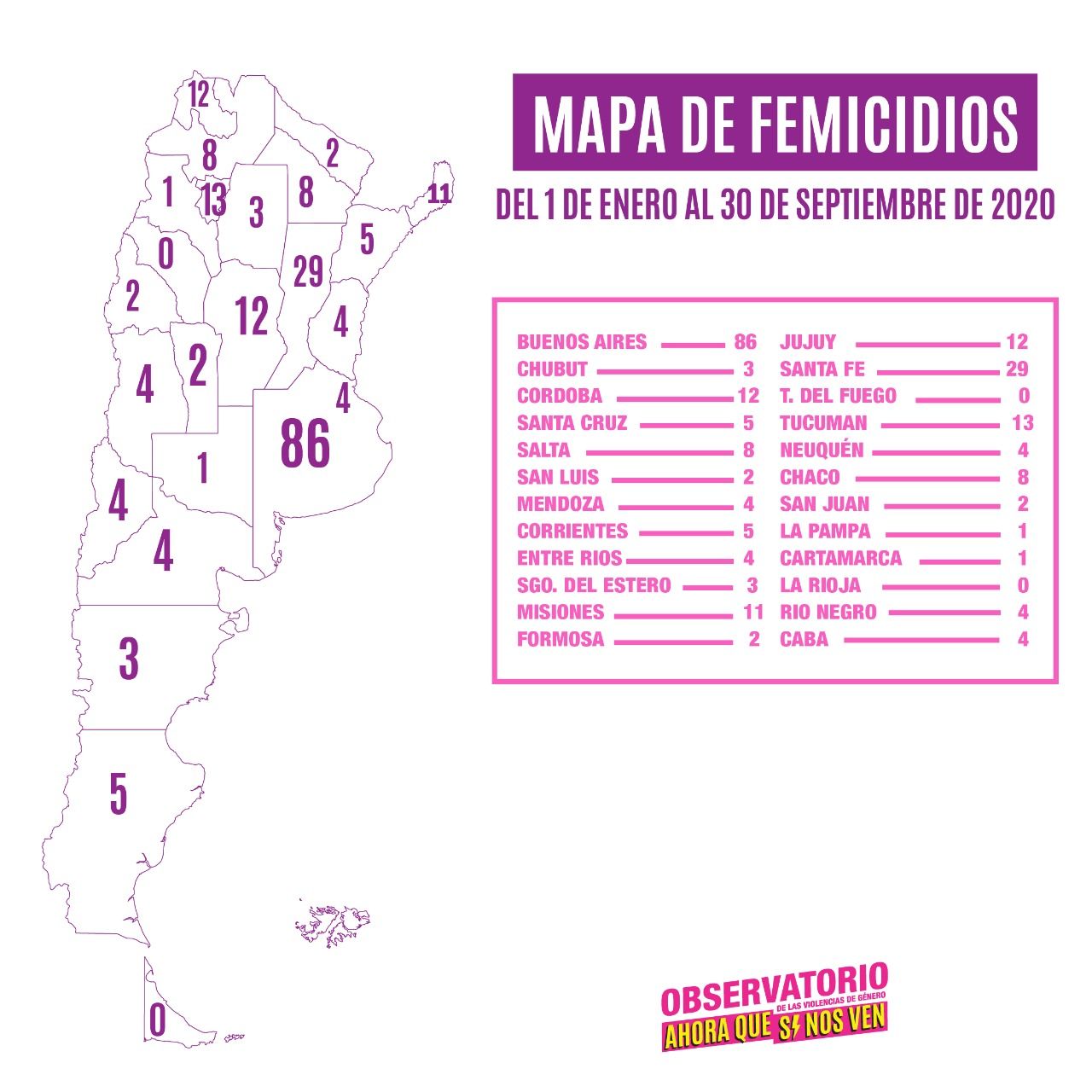 Mapa de femicidios: Chaco y Salta 8, Corrientes y Santa Cruz 5 y el resto 4 o menos