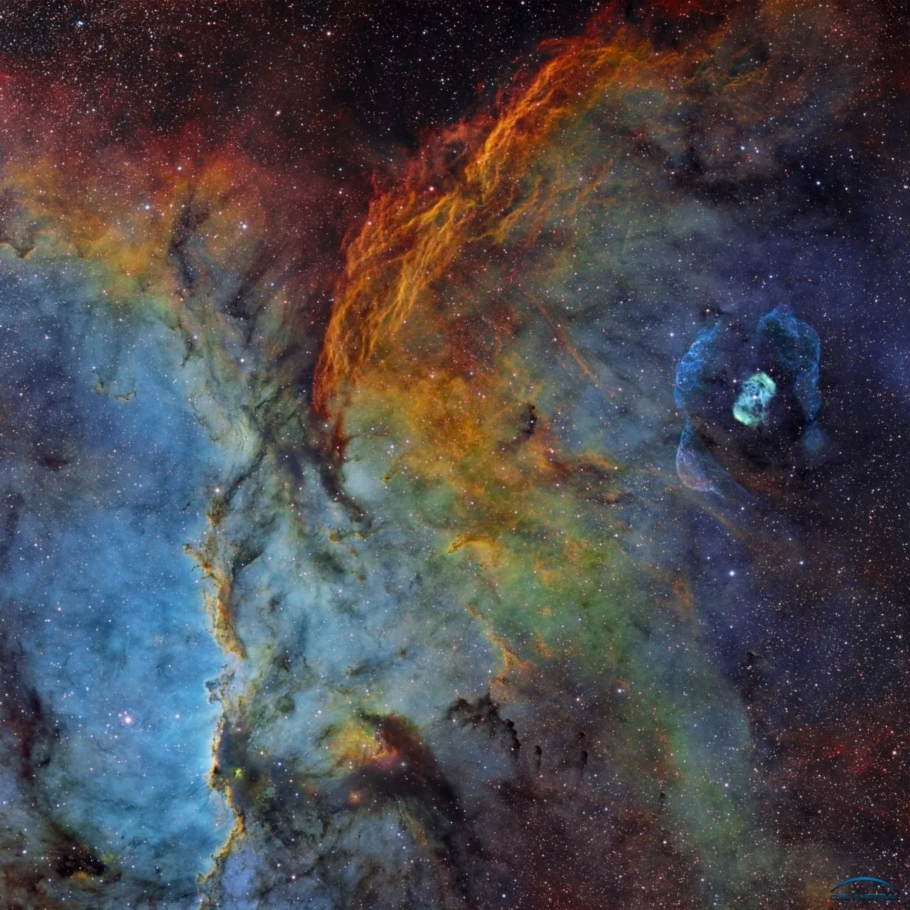 The emission nebula NGC 6188 in narrow-band colours, with the bipolar nebula NGC 6164 at its side