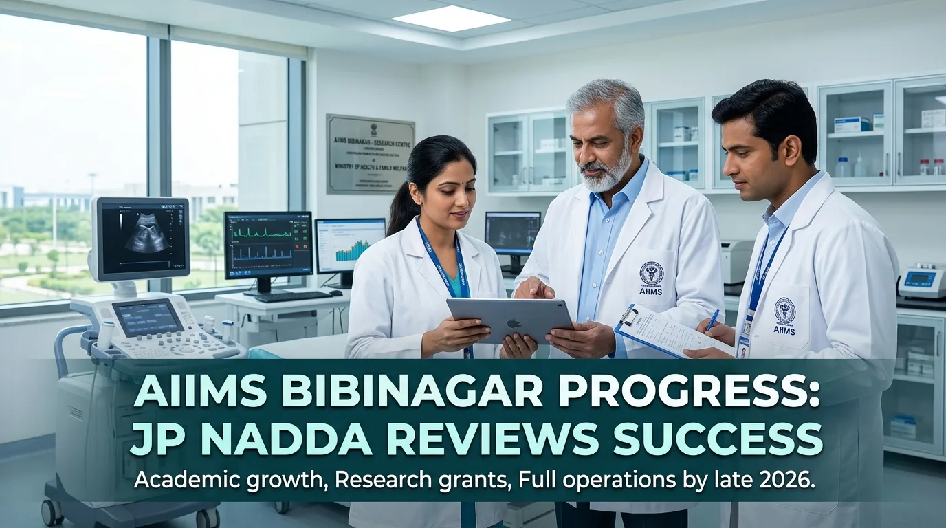 Indian doctor discussing AIIMS Bibinagar Progress: JP Nadda Reviews Success