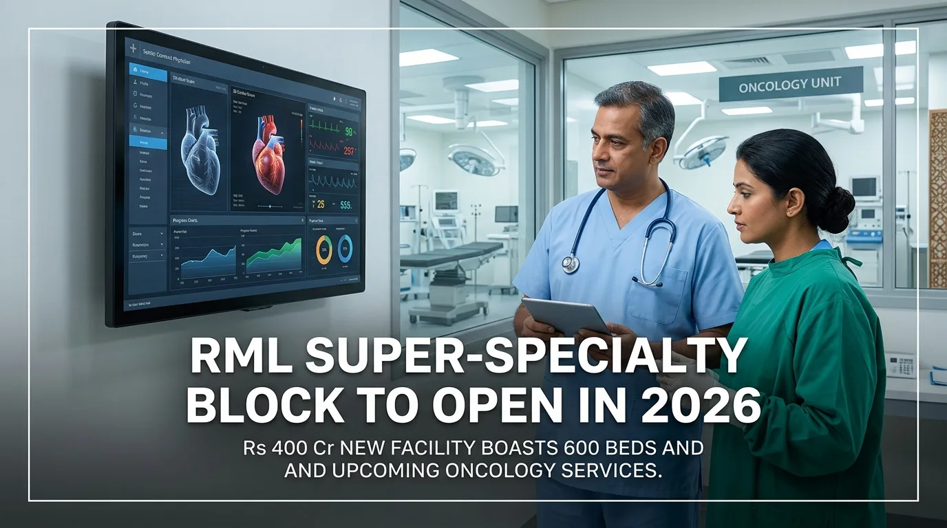 Indian doctor discussing Rs 400 Cr RML Super-Specialty Block Set to Open in 2026