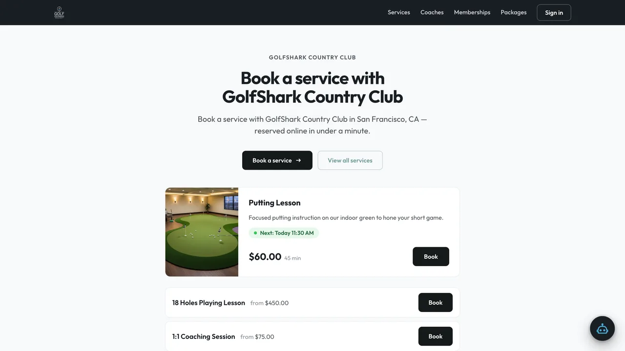 White-label golf booking page branded with a facility's logo and colors, showing a service list and a Book a service call to action
