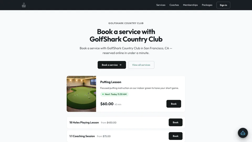 White-label golf booking page branded with a facility's logo and colors, showing a service list and a Book a service call to action