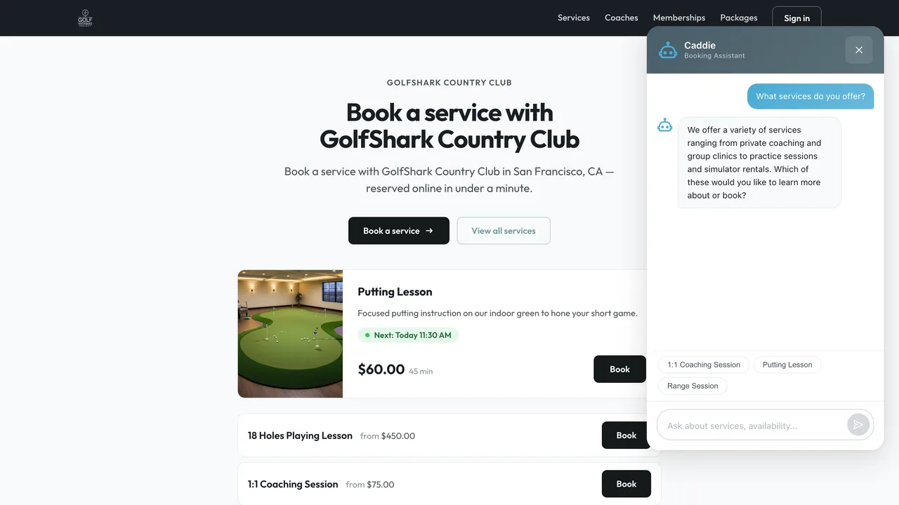 Caddie AI booking assistant chatting with a golfer about available services on a branded booking page