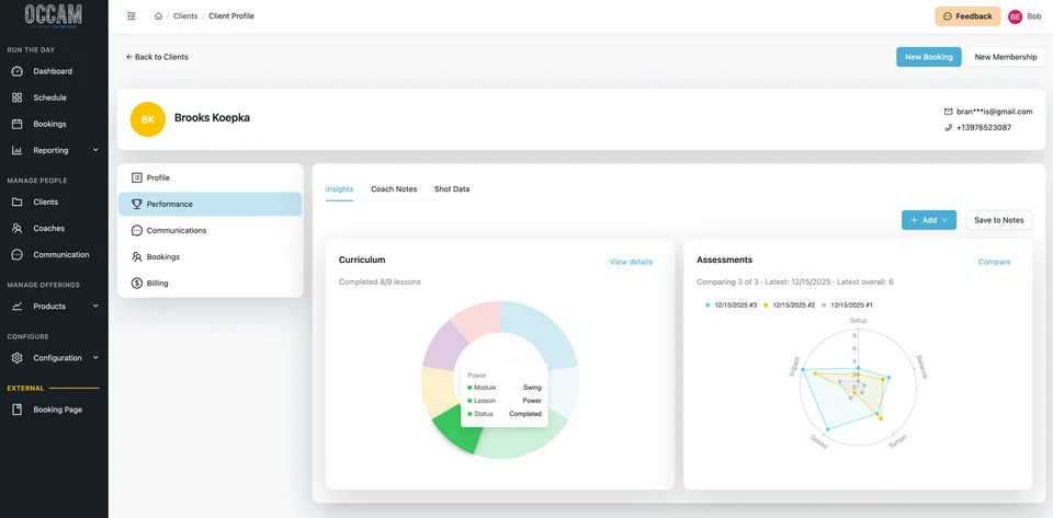 Occam client portal showing client engagement and session notes