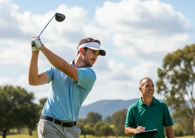 Teaching pro coaching a student on the golf course