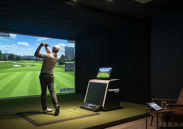 Indoor golf simulator bay with a hitting mat and projection screen
